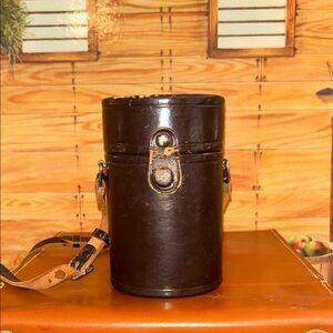 Lens Case: Vintage, cylinder, dark leather w/shoulder strap!